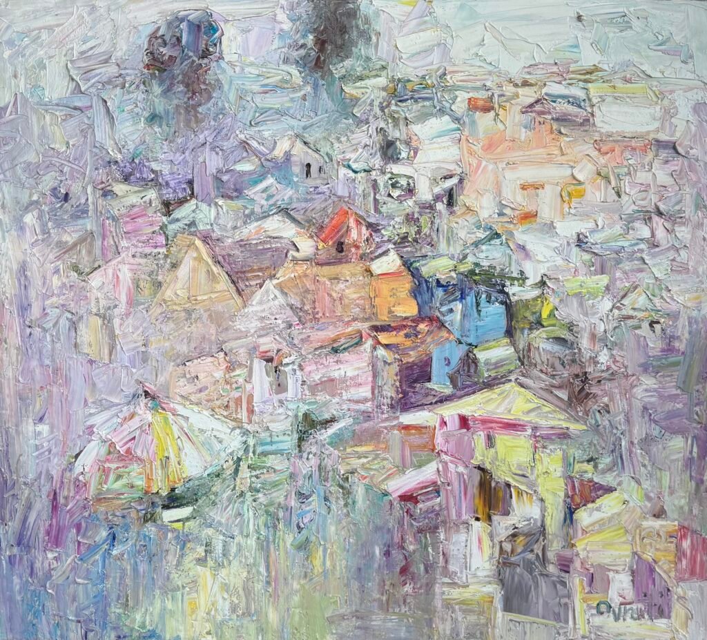 artwork of rooftops and hills by sam ovraiti titled road to idanre