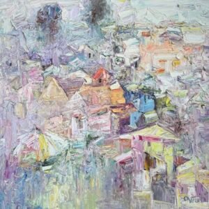 artwork of rooftops and hills by sam ovraiti titled road to idanre